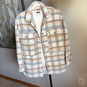 Stylish Beige and Blue Plaid Shirt Jacket